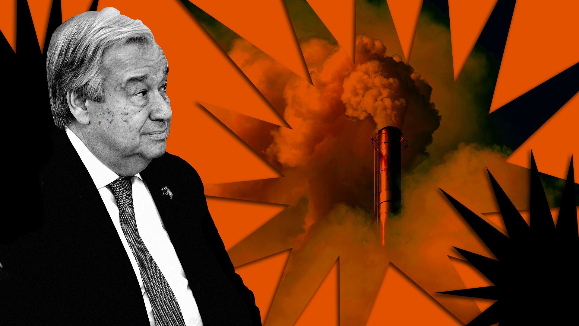 Photo illustration of Gen Guterres in front of bursting shapes, including one filled with images of greenhouse gas emissions