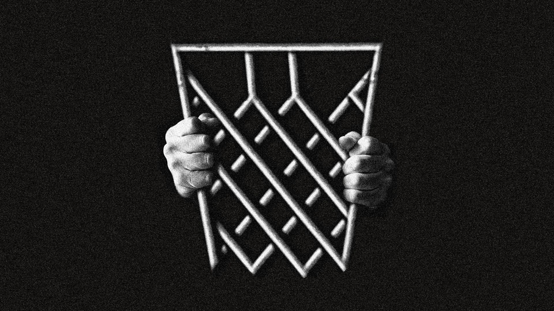 This illustration shows a metal basketball hoop being held like jail bars by two hands.
