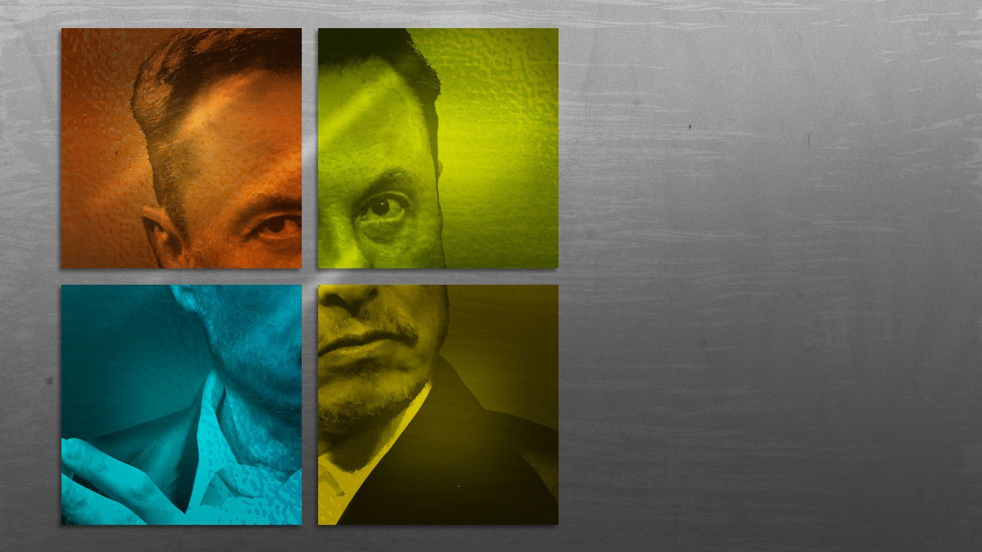 Photo illustration of Elon Musk peering through a window in the form of Microsoft's logo