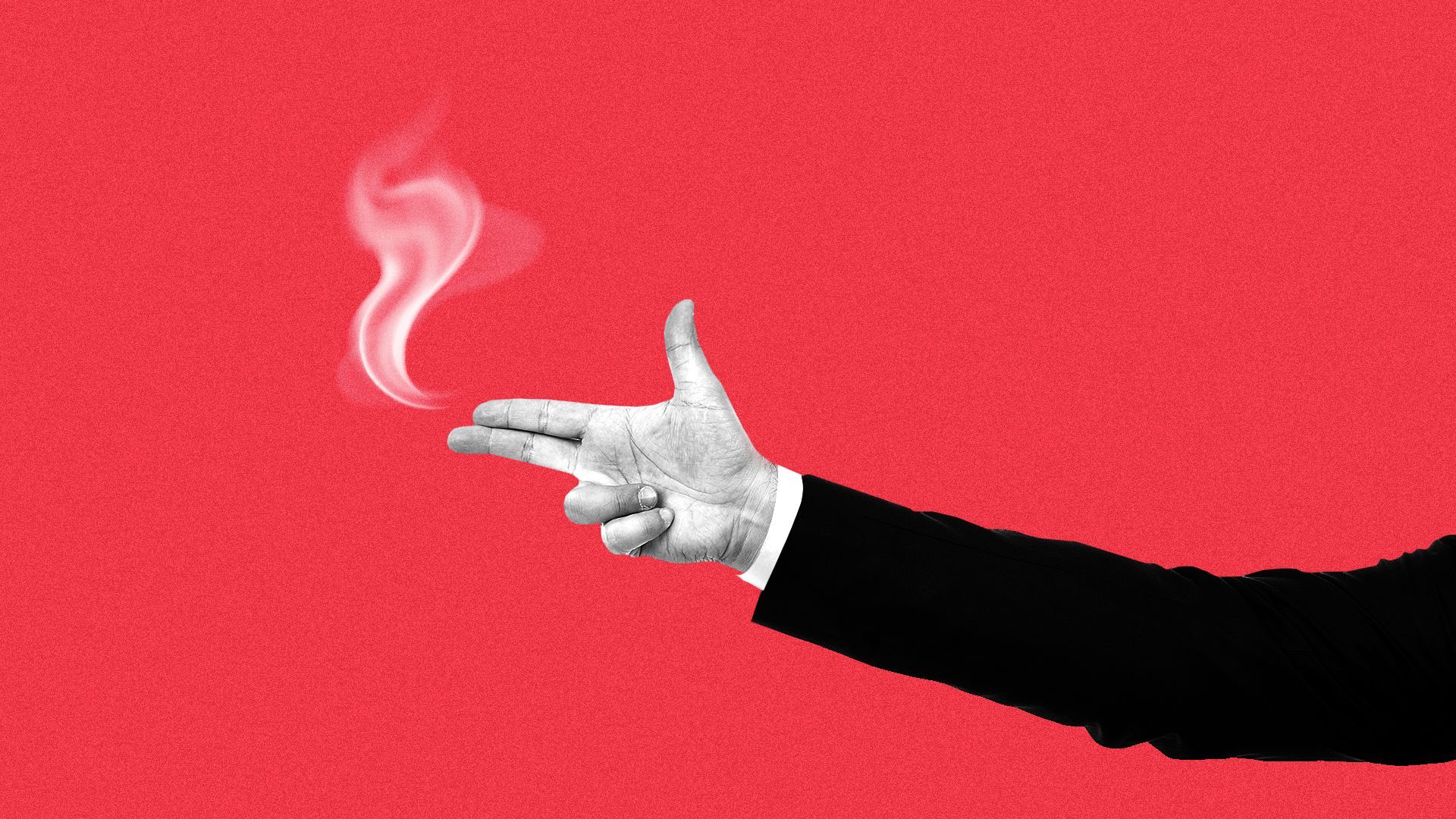 Illustration of an arm in a business suit making a gun sign with smoke coming out of the fingertips.