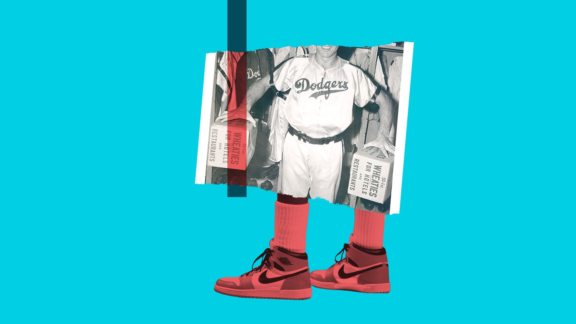 Collage illustration of a historical image of Wheaties boxes on a pair of Jordans. 