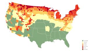 A map of the United States shows where fall leaves are expected to be peaking on Oct. 3. 