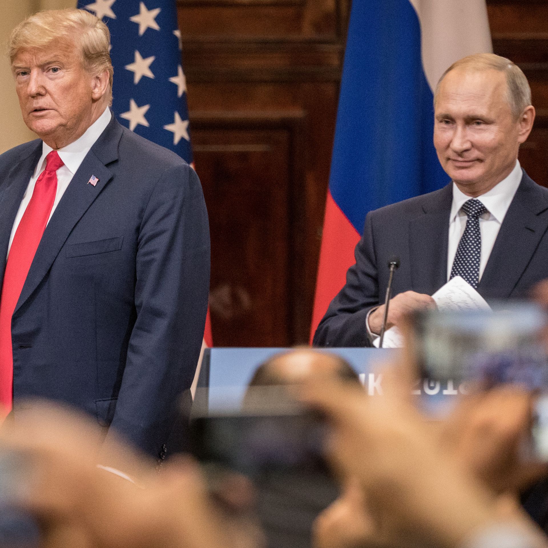 President Trump and Russian President Vladimir Putin during a joint press conference after their summit on July 16, 2018, in Helsinki, Finland.
