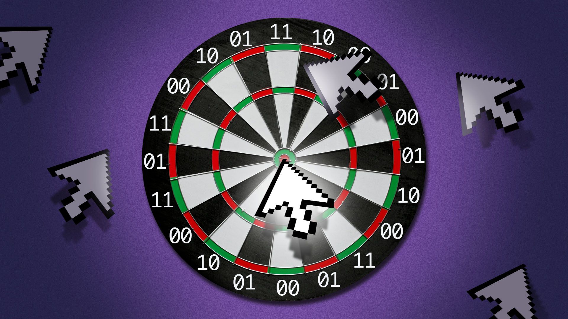 Illustration of a dartboard with binary numbers instead of traditional numbers, with large pixelated computer cursor arrows in place of darts