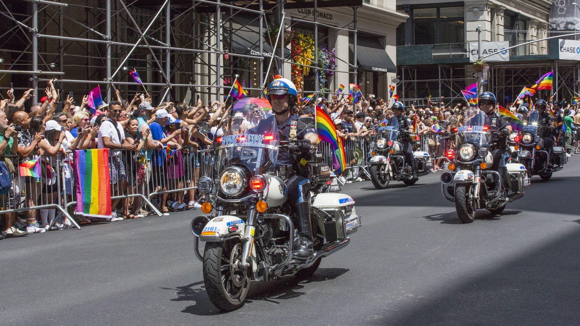 NYPD officers ride their motor cycles at the annual Pride Parade on Sunday, June 29, 2019 in New York.