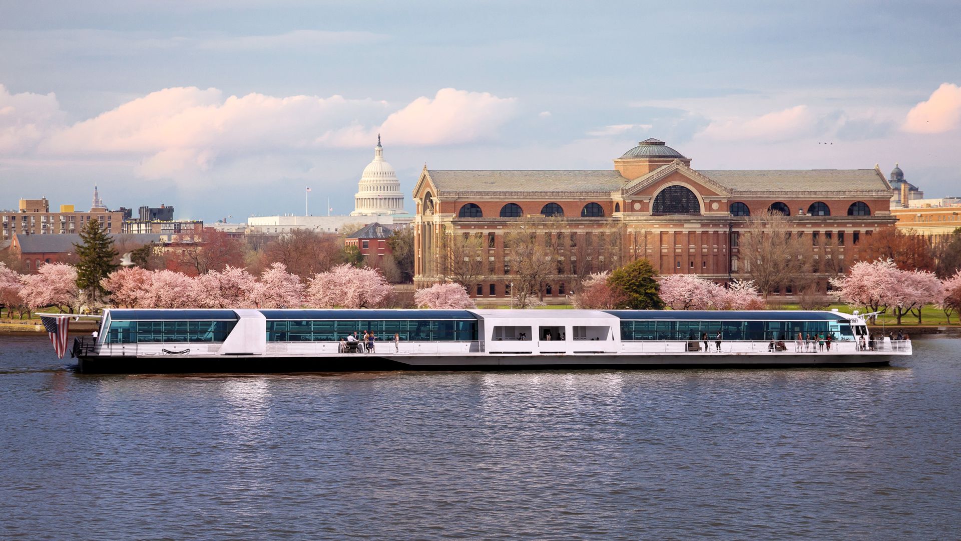 A long boat on the river next to cherry blossoms and the US Capitol building in the distance