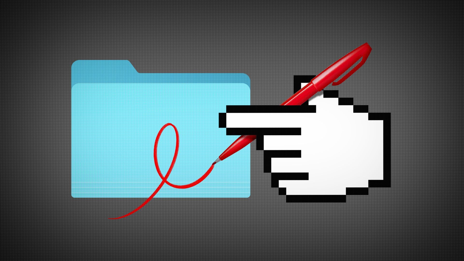 Illustration of a cursor hand holding a red pen that is making proofreading marks over a computer folder. 