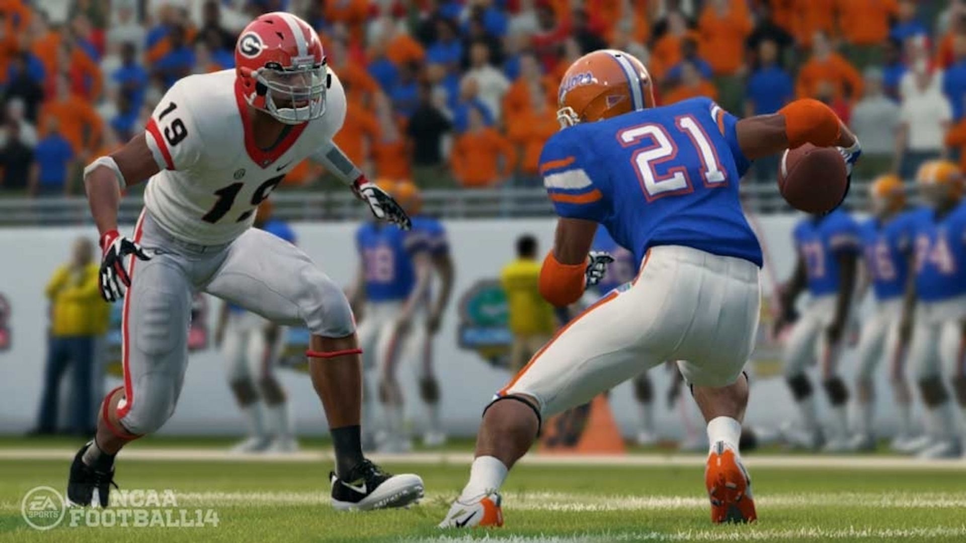 Video game screenshot of college football players facing off