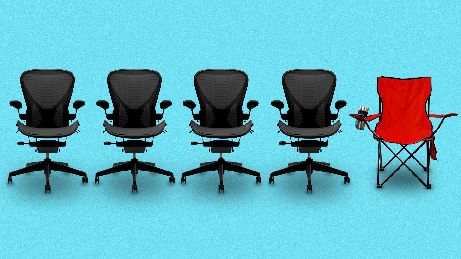 Illustration of four office chairs in a row followed by an outdoor camping chair