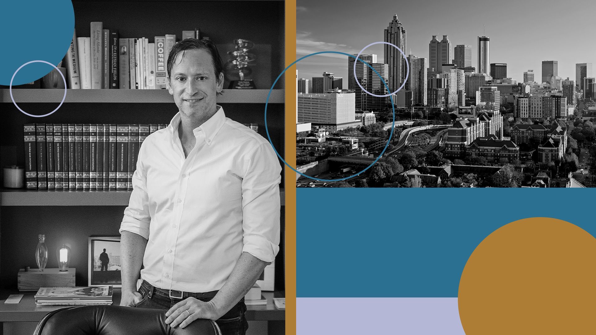 Photo illustration of Gene Kansas surrounded by abstract shapes at the Atlanta skyline.