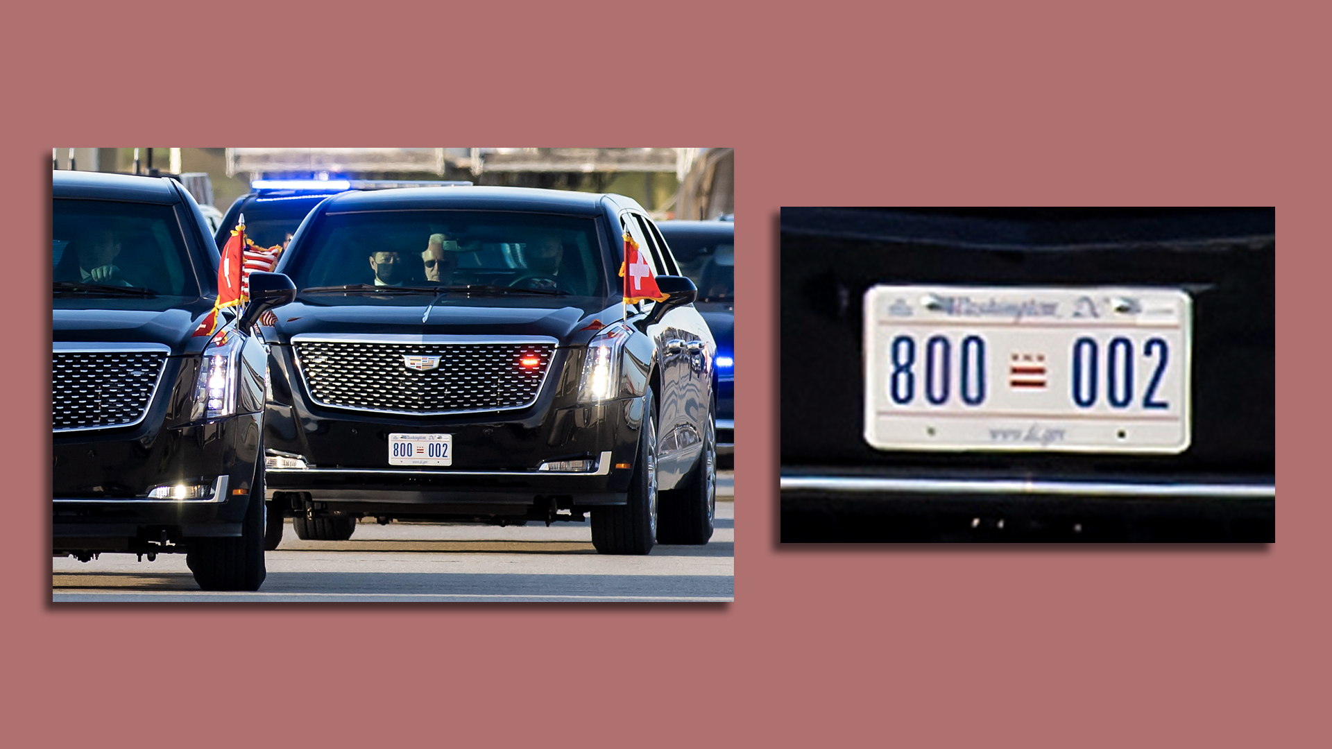 Zoomed in photo of Biden's limo license plate without "End Taxation Without Representation" 