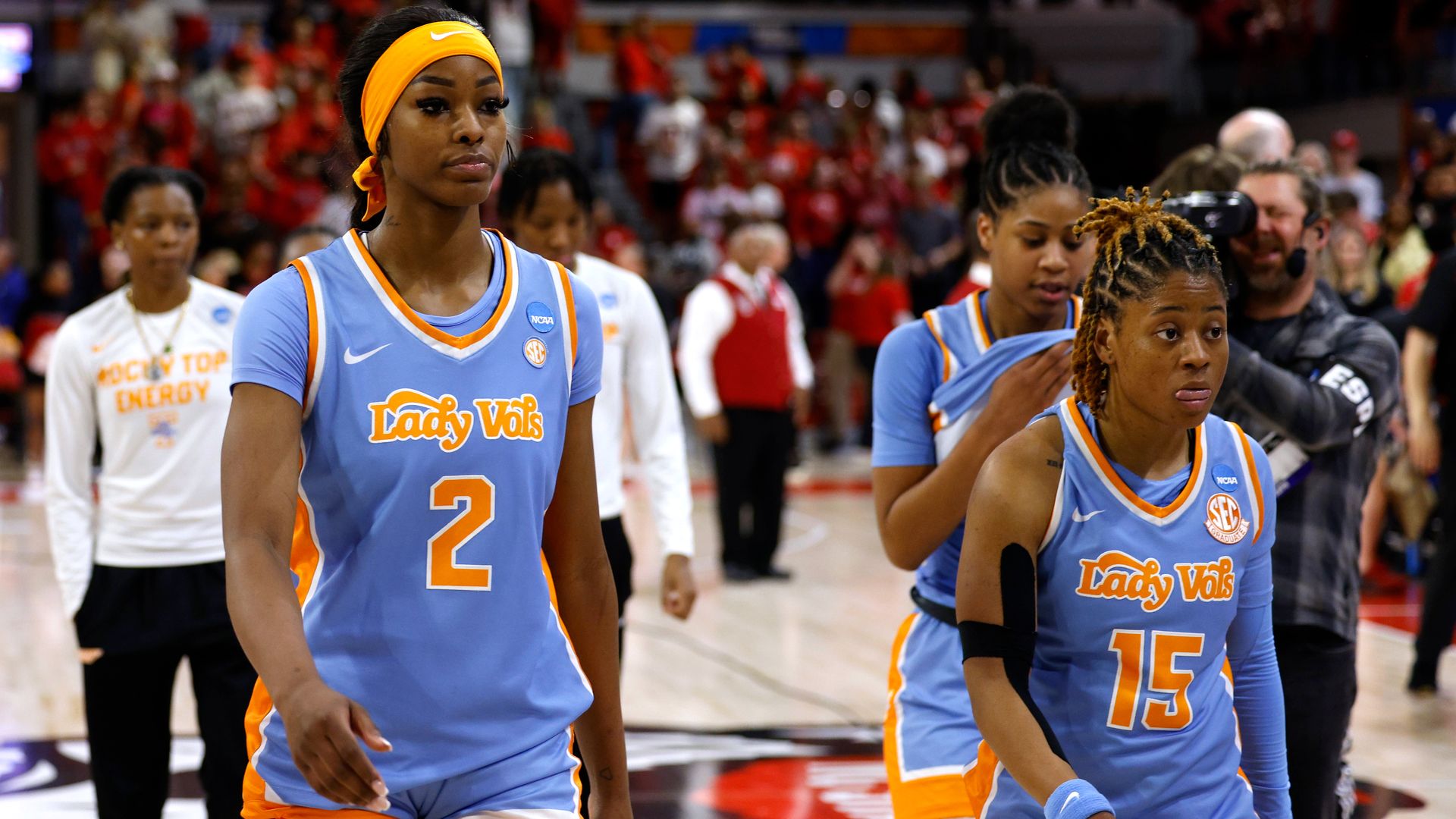 RALEIGH, NORTH CAROLINA - MARCH 25: Rickea Jackson #2 and Jasmine Powell #15 of the Tennessee Lady Vols walk off the court following a 79-72 loss to the NC State Wolfpack in the second round of the NCAA Women's Basketball Tournament at Reynolds Coliseum