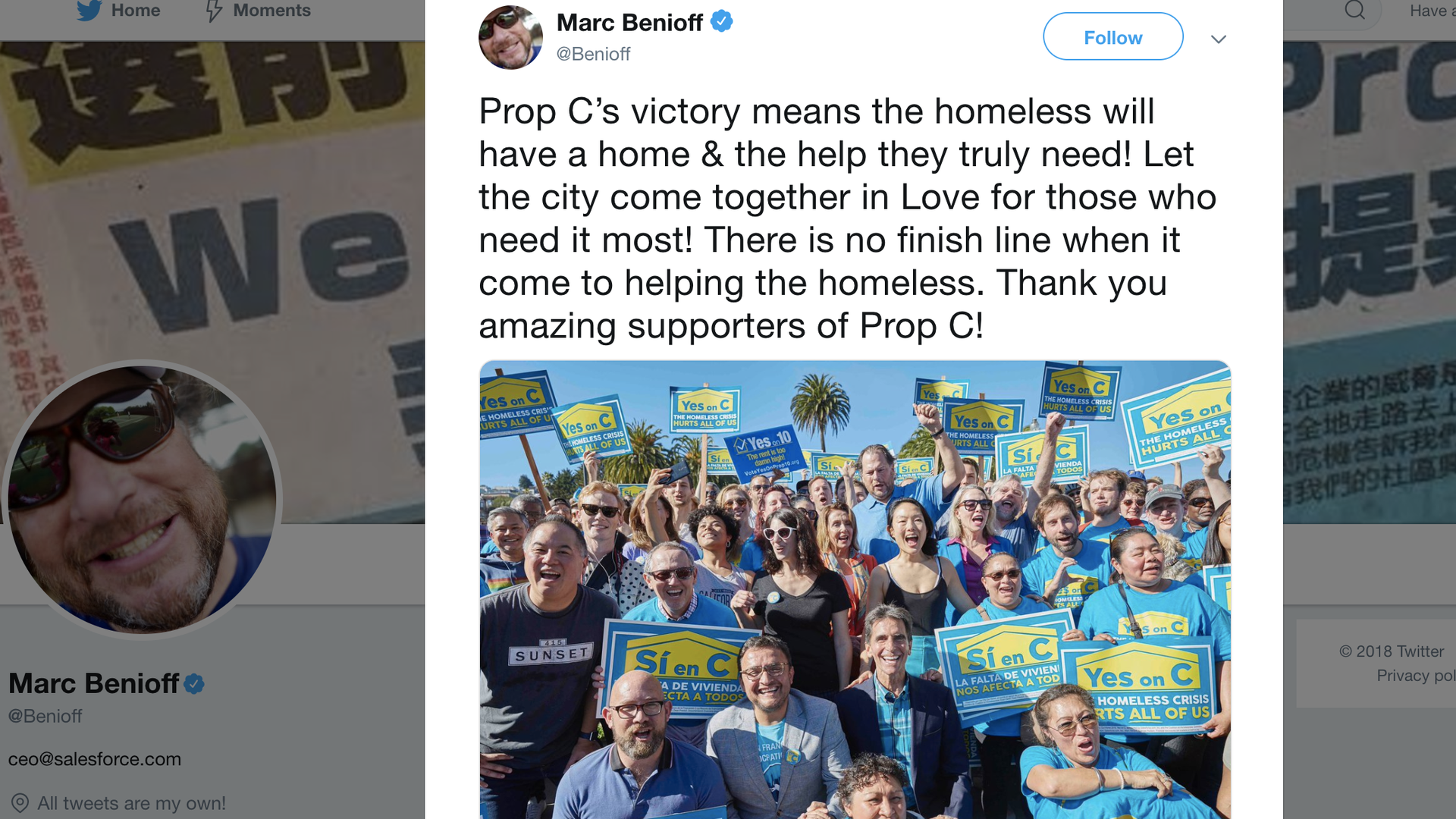 A tweet from Salesforce founder Marc Benioff praising the passage of Prop C in San Francisco