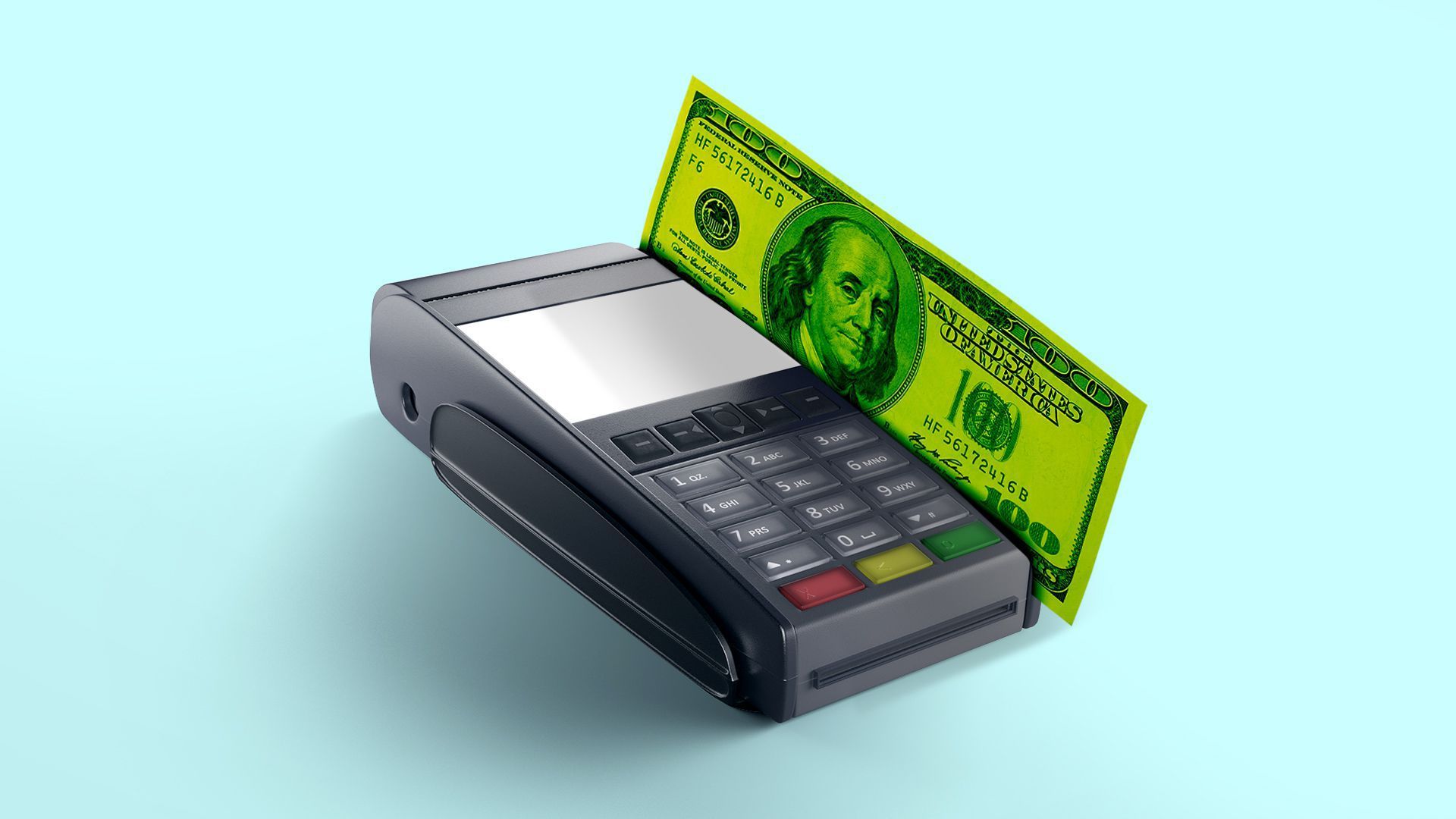 An illustration of a credit card machine swiping a $100 bill.