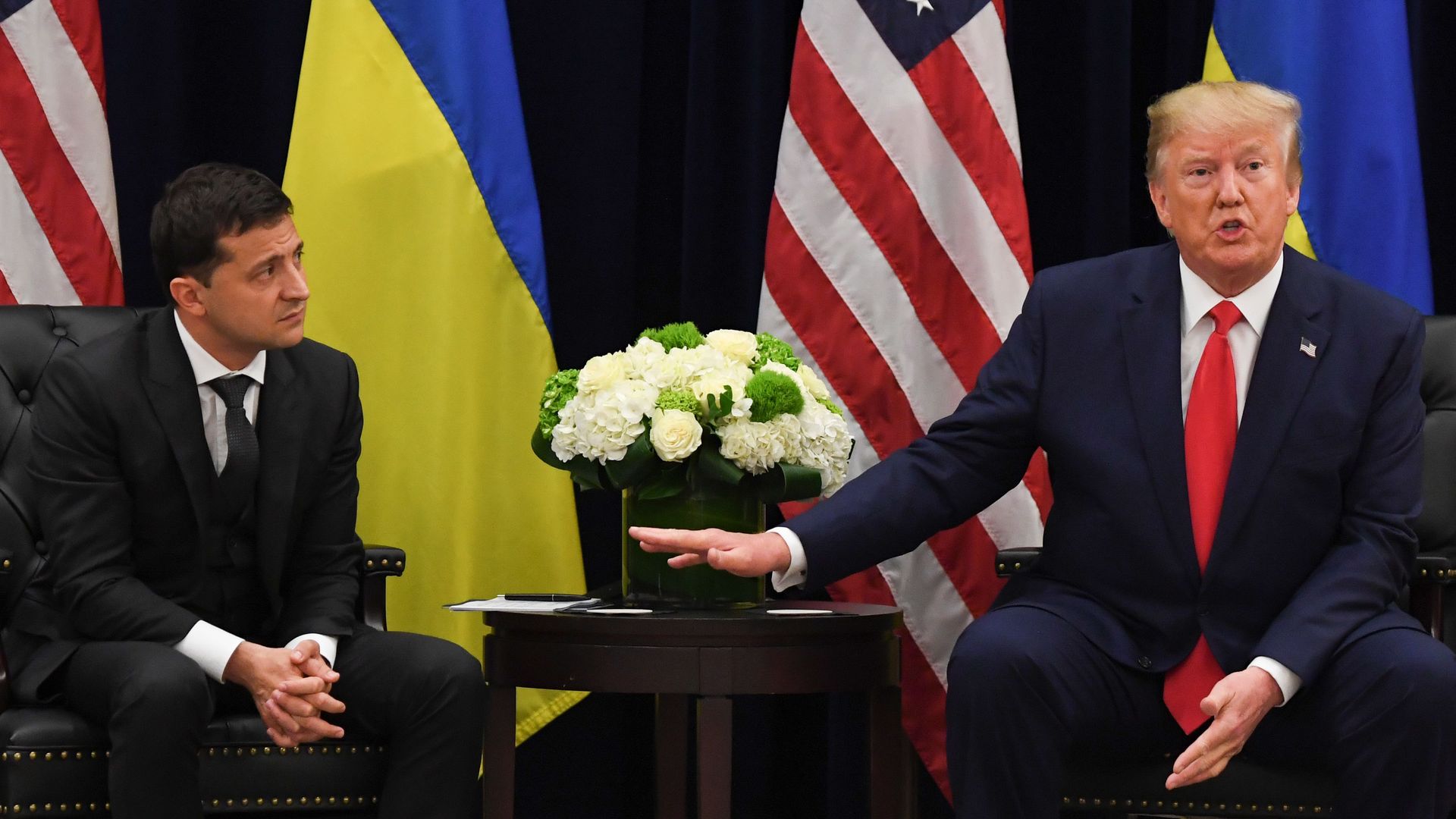 President Donald Trump and Ukrainian President Volodymyr Zelensky speak during a meeting in New York on September 25, 2019