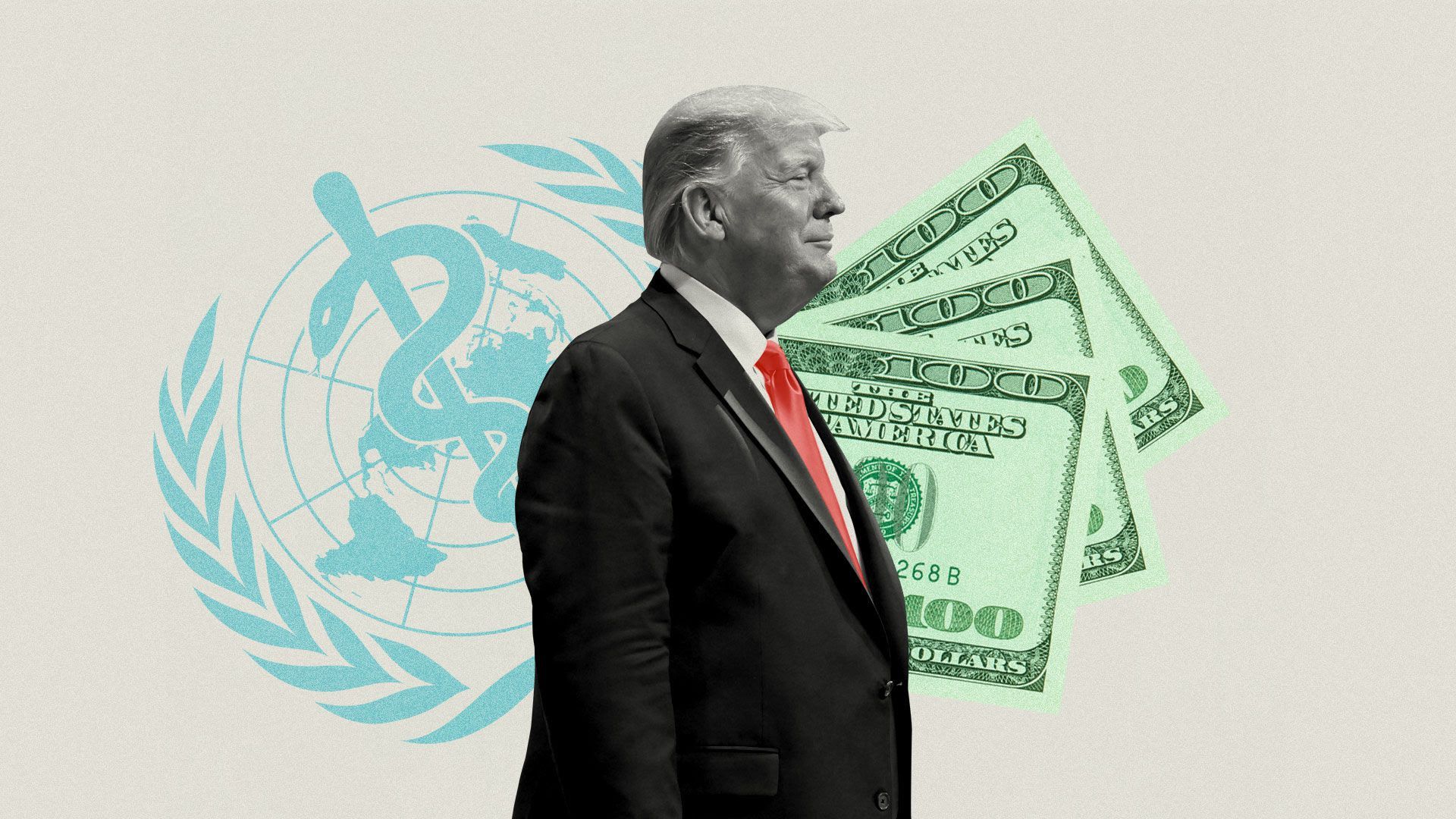 Illustration of Trump with money and the WHO logo in the background