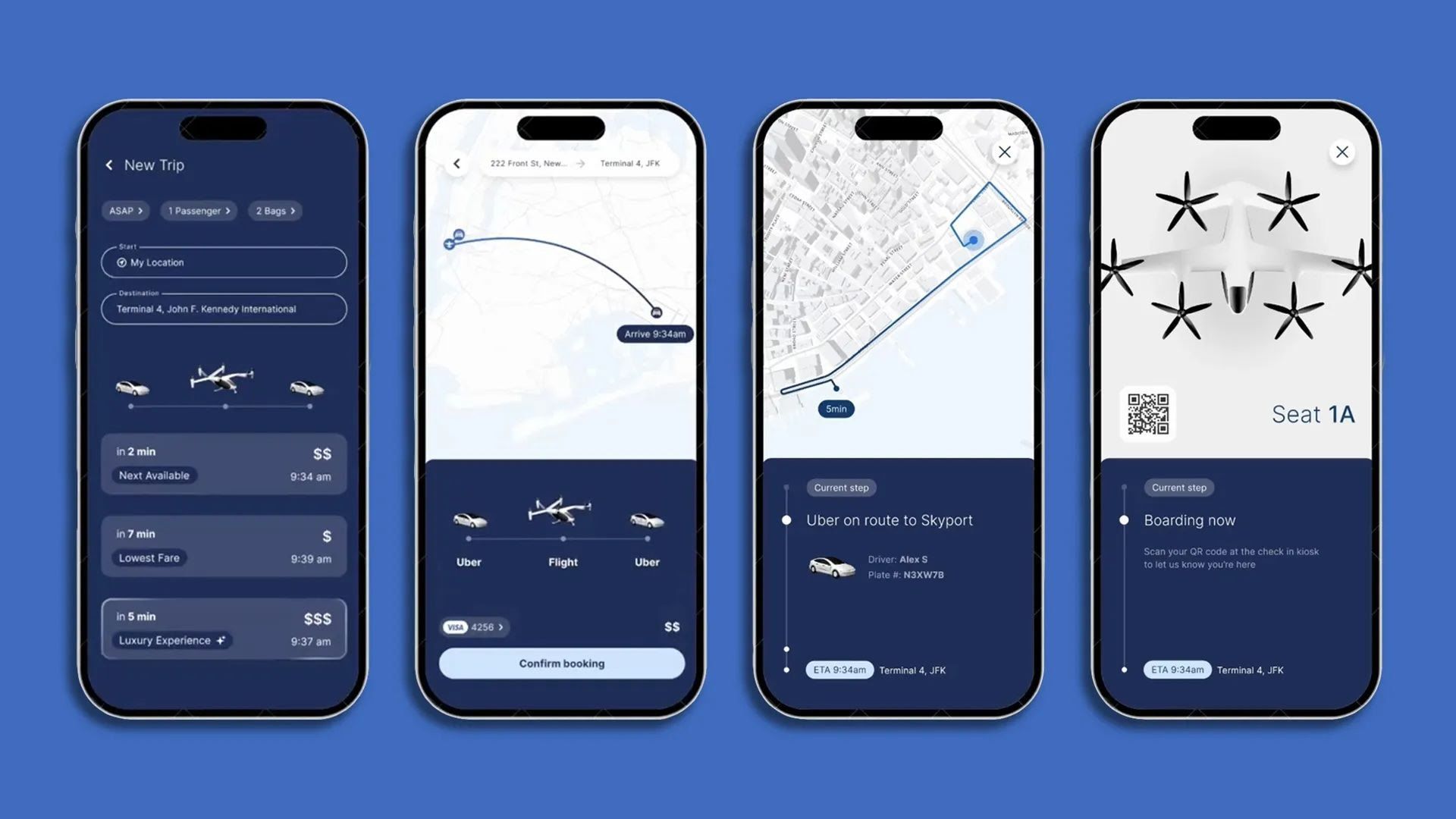 An image depicts four iPhones showing different screens for a Joby Aviation ride-hailing app for the company's forthcoming electric air taxis.