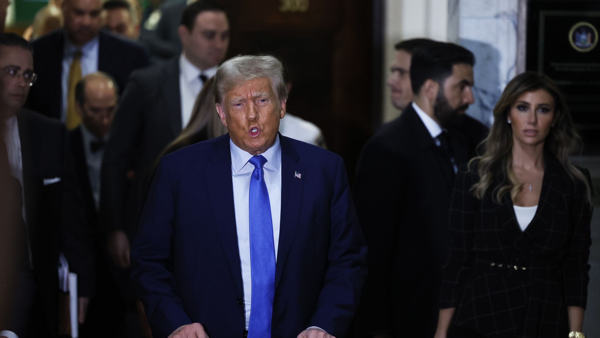 Former President Donald Trump speaks to members of the media after testifying at his civil fraud trial at New York State Supreme Court on November 06, 2023 in New York City.