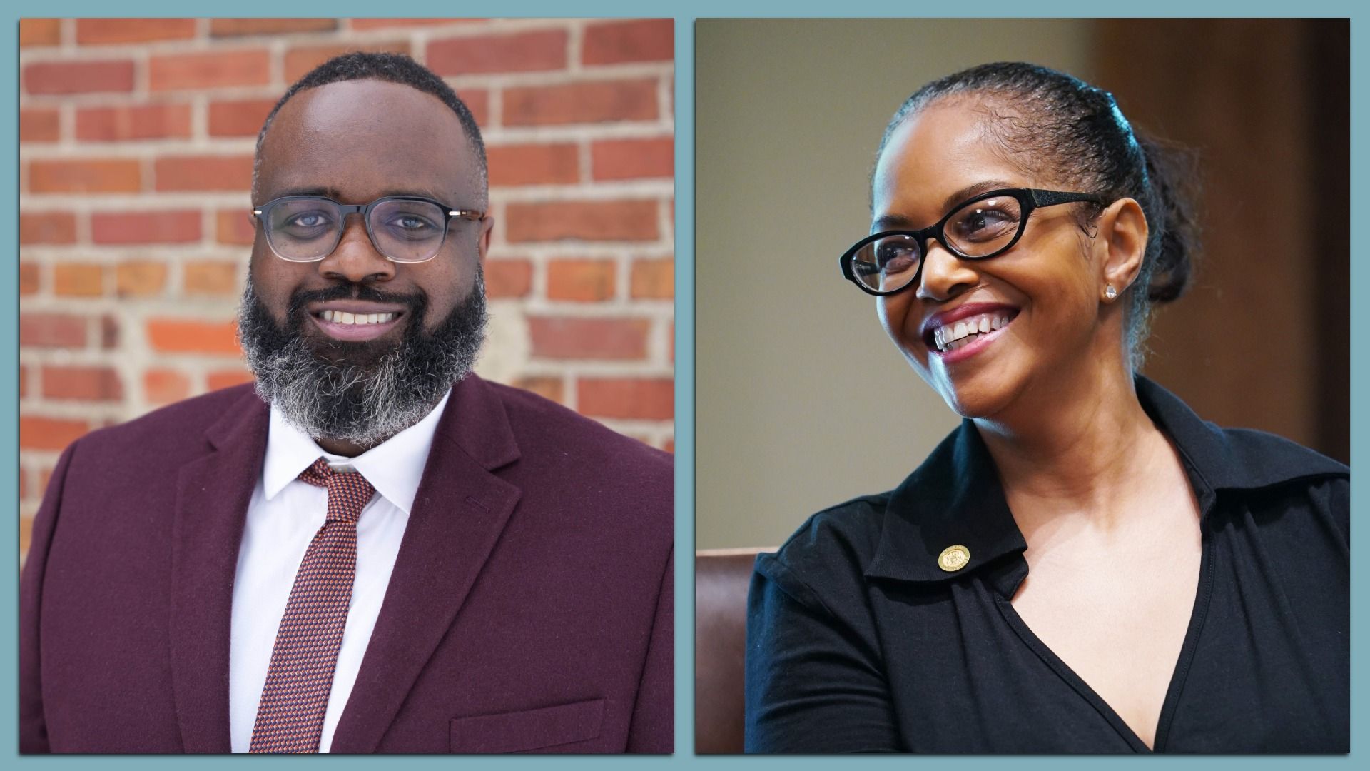 Each candidate is pictured smiling