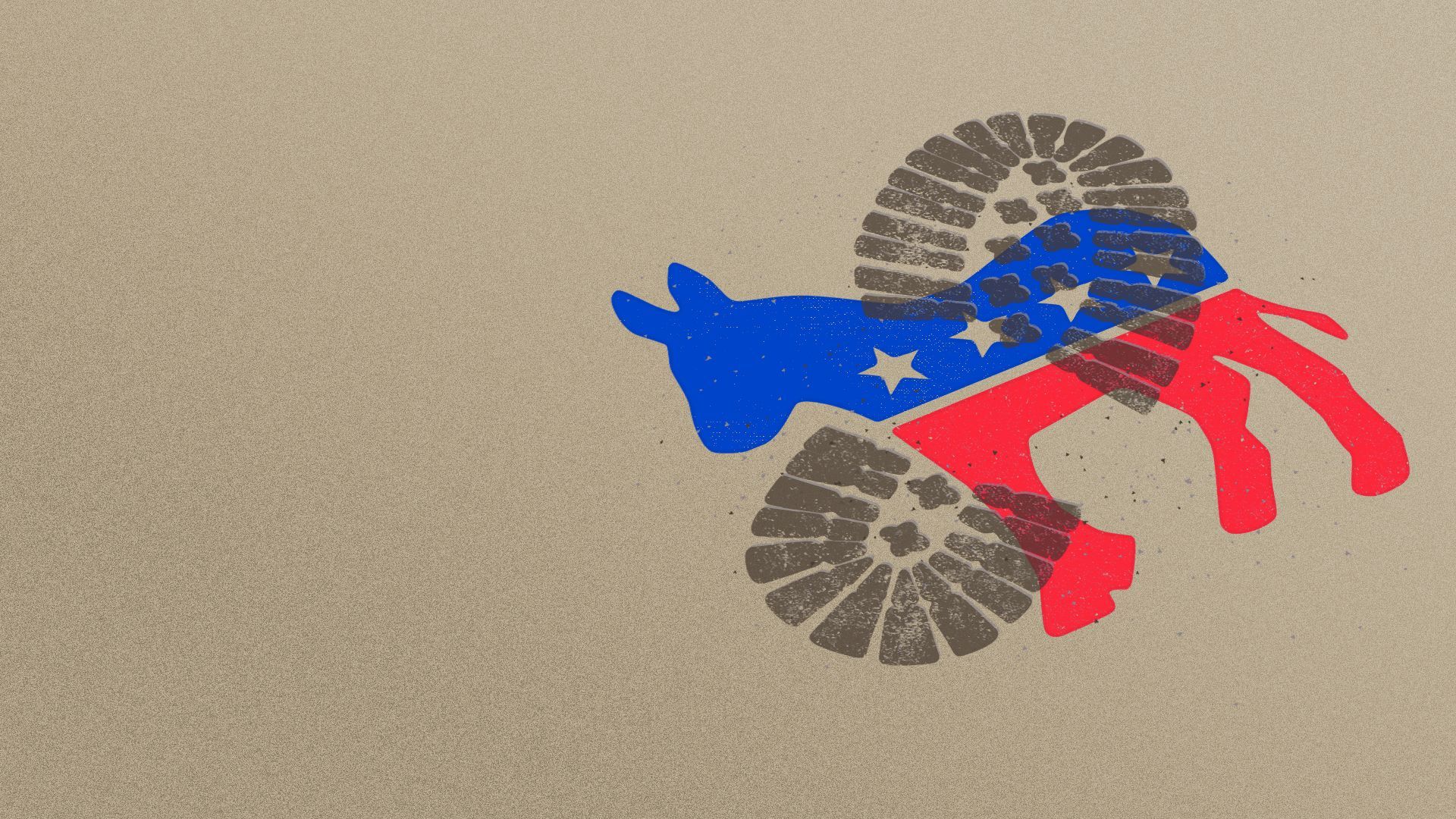Illustration of the Democratic Party donkey logo with a boot print on it.