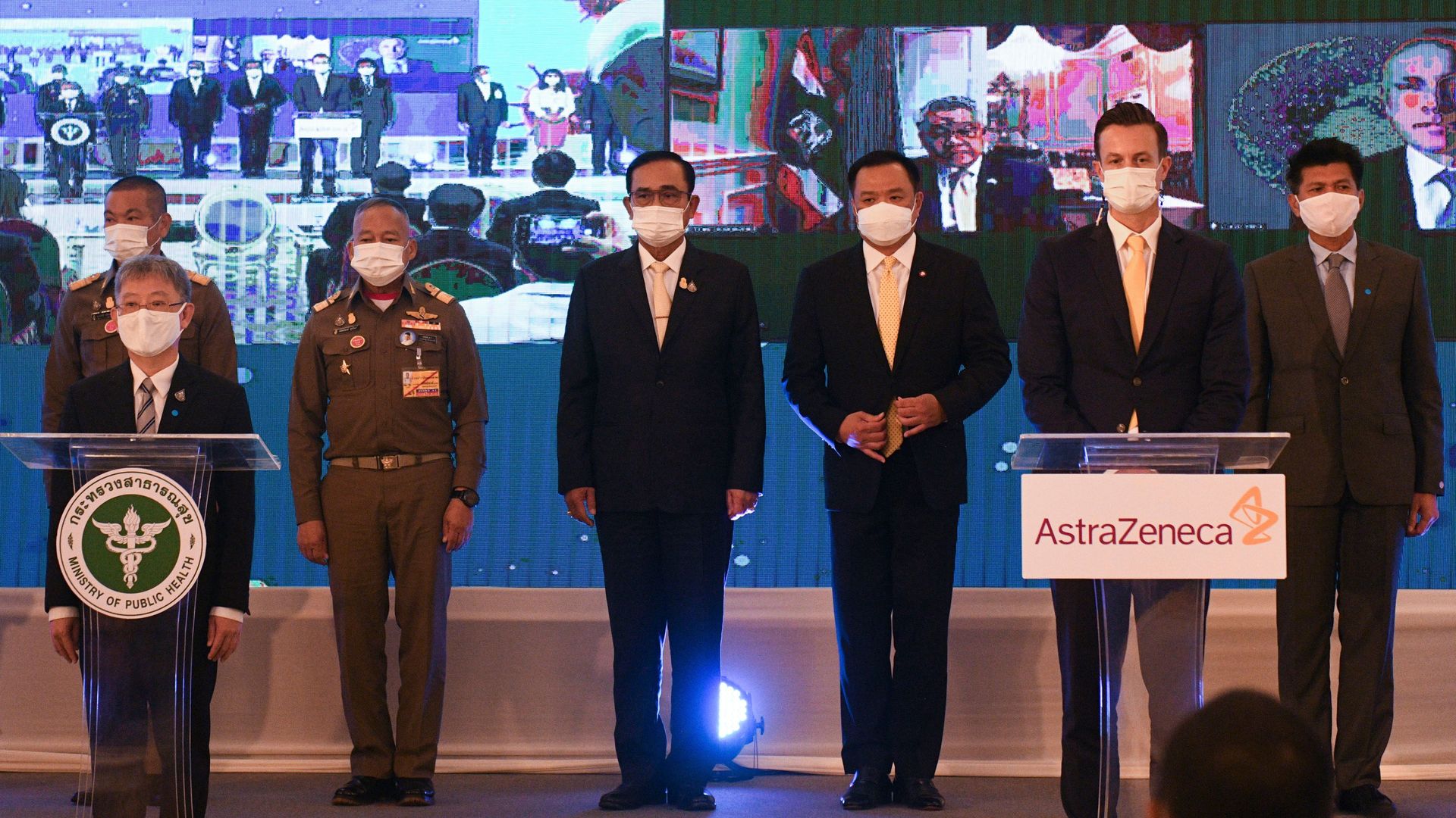 Picture of Thailand government officials in a ceremony with Thailand AstraZeneca president for the agreement to purchase AstraZeneca's potential Covid-19 vaccine