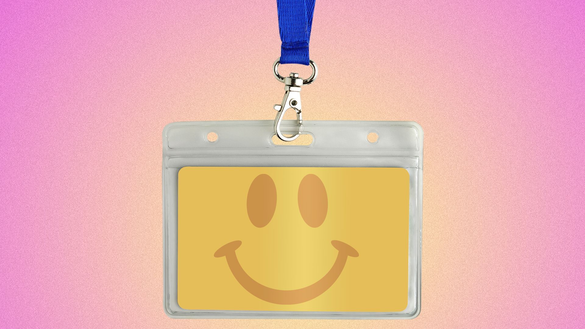 Illustration of a nametag on a lanyard with a smiley face on it