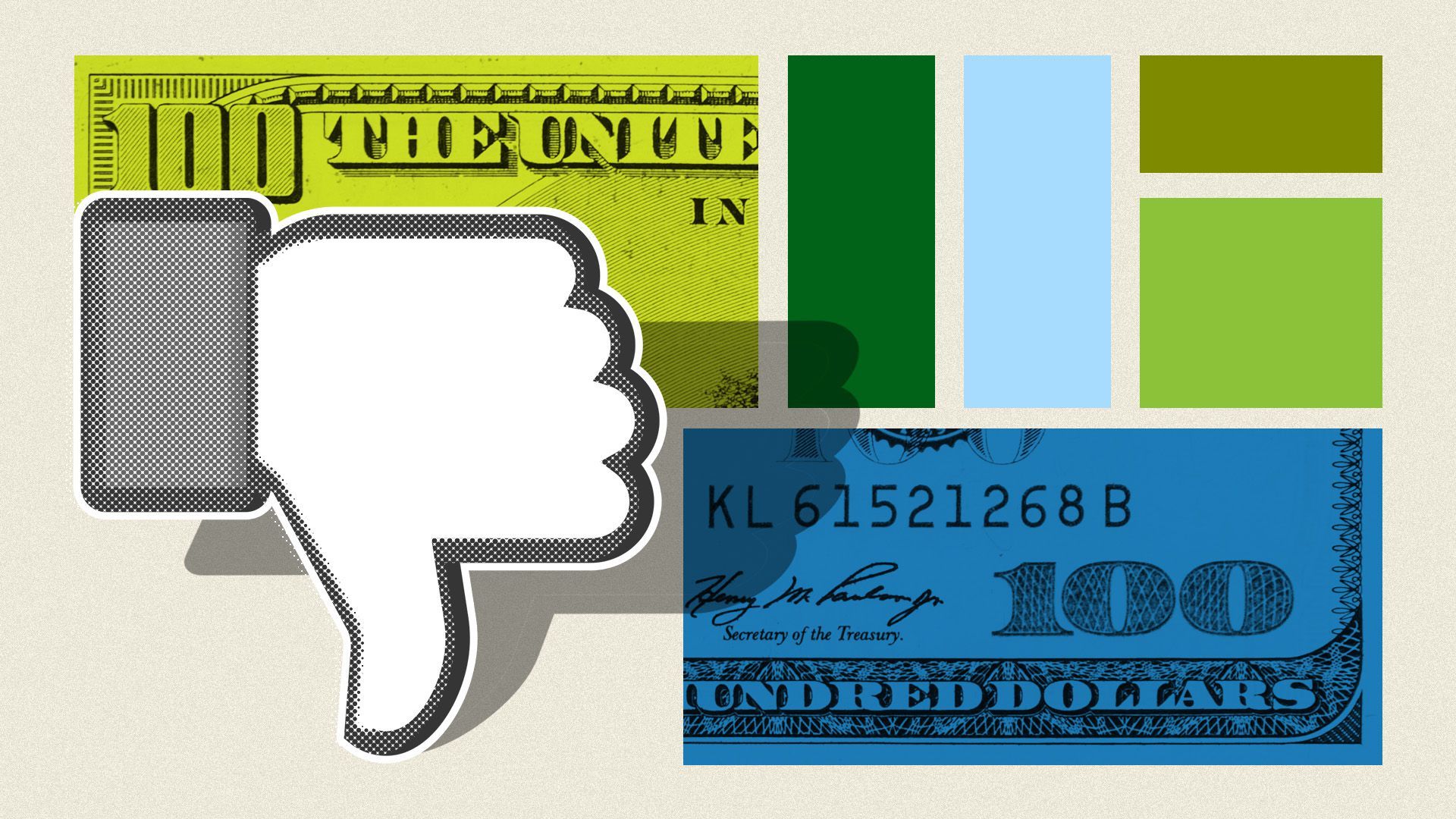 Illustrated collage of Facebook’s like button facing down and dollar bills