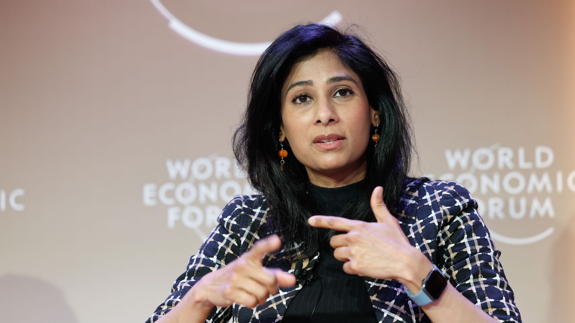 Gita Gopinath, first deputy managing director of the International Monetary Fund (IMF), during a panel session at the World Economic Forum (WEF) in Davos, Switzerland, on Wednesday, Jan. 22, 2025.