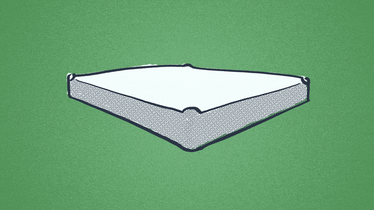 Illustration of a baseball base that grows, with red lines coming out of it. 