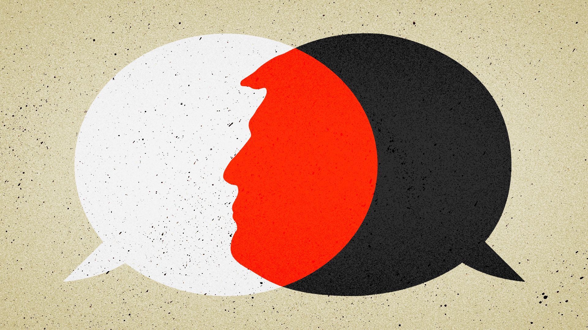 Illustration of a Venn diagram made of two speech bubbles; the overlapping area is shaped like Donald Trump's profile. 