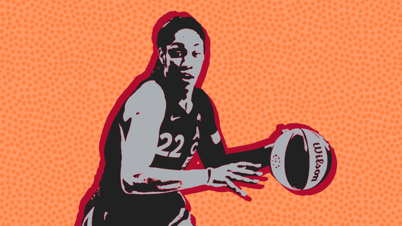 Animated illustration that cycles through images of A'ja Wilson, Caitlin Clark, Paige Bueckers, Brittney Griner, Nneka Ogwumike, and Kelsey Plum playing basketball over a basketball grip pattern.