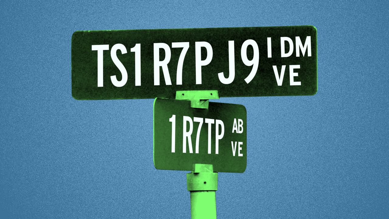 Illustration of two street signs with garbled, changing nonsense text.