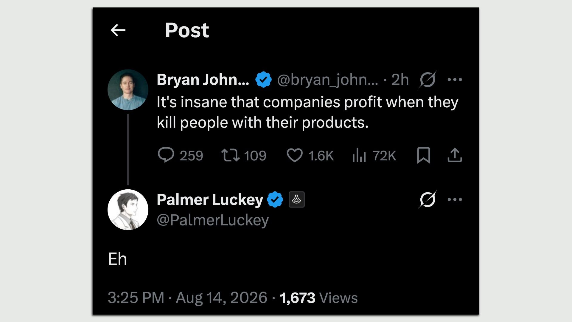 A dark-mode Twitter post with a blue verification badge: "It's insane that companies profit when they kill people with their products."