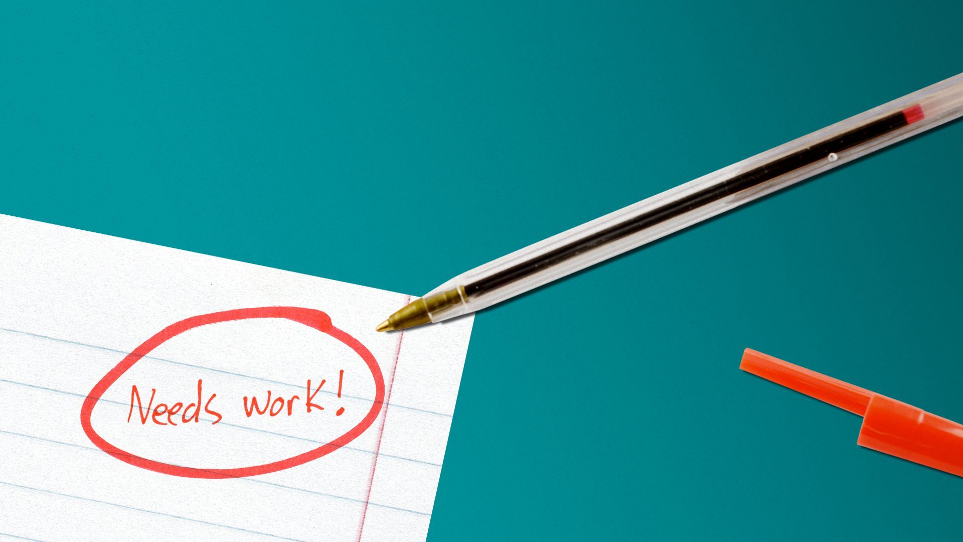 Illustration of circled "Needs work!" written on notebook paper with a grading pen next to it.