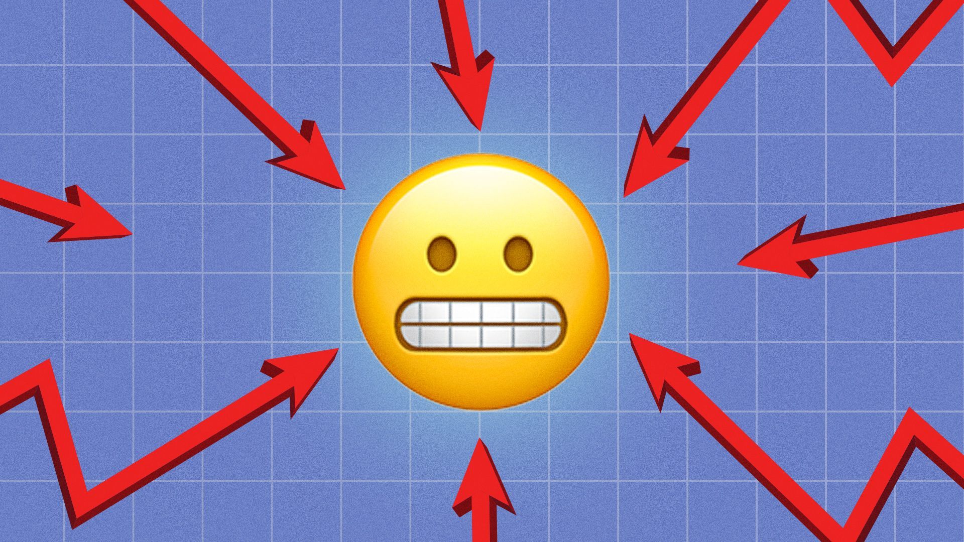 Illustration of a grimacing face emoji surrounded by angry market trend arrows.