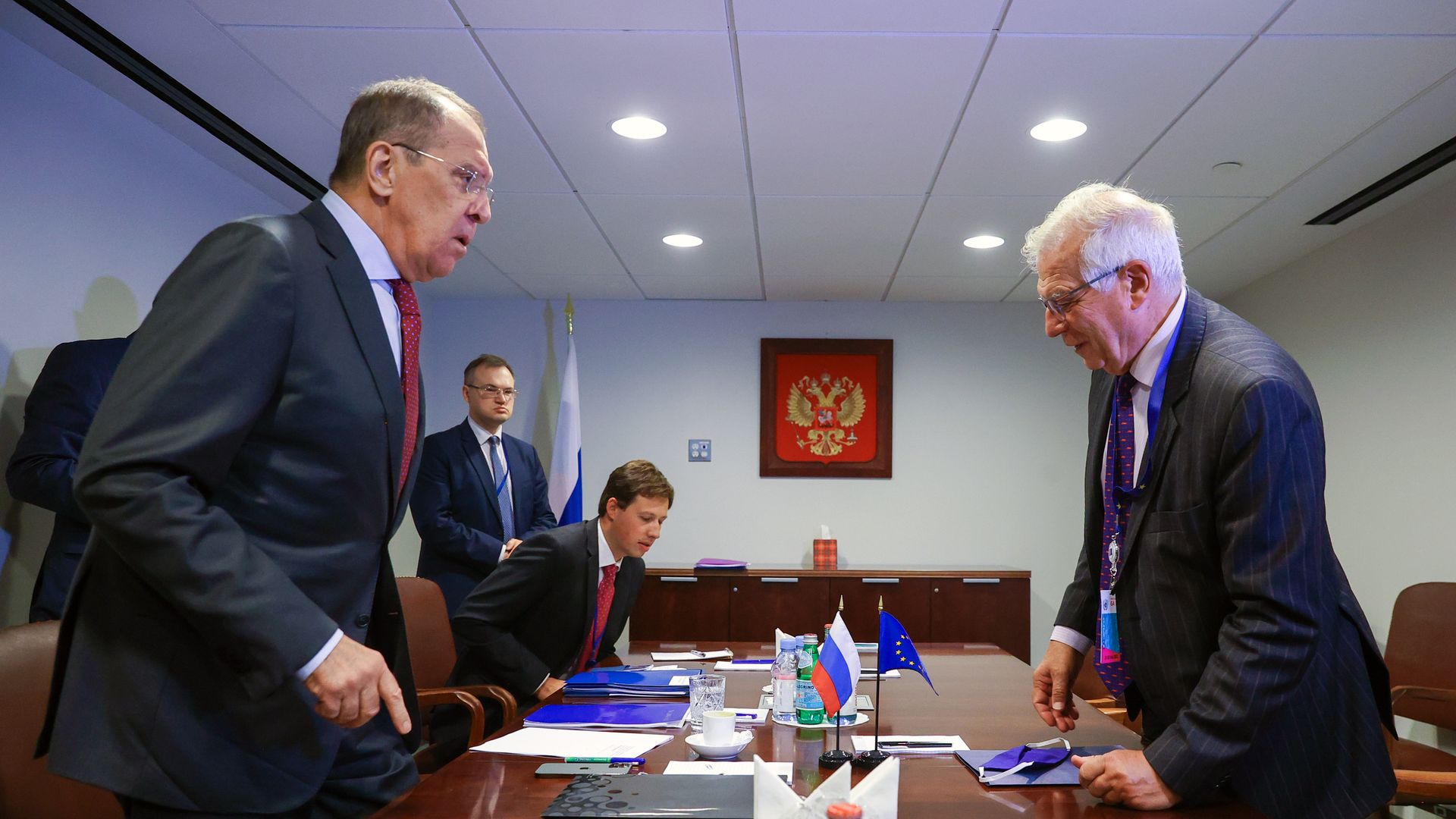 Russia's Foreign Minister Sergei Lavrov (L) and European Union High Representative for Foreign Affairs and Security Policy Josep Borrell