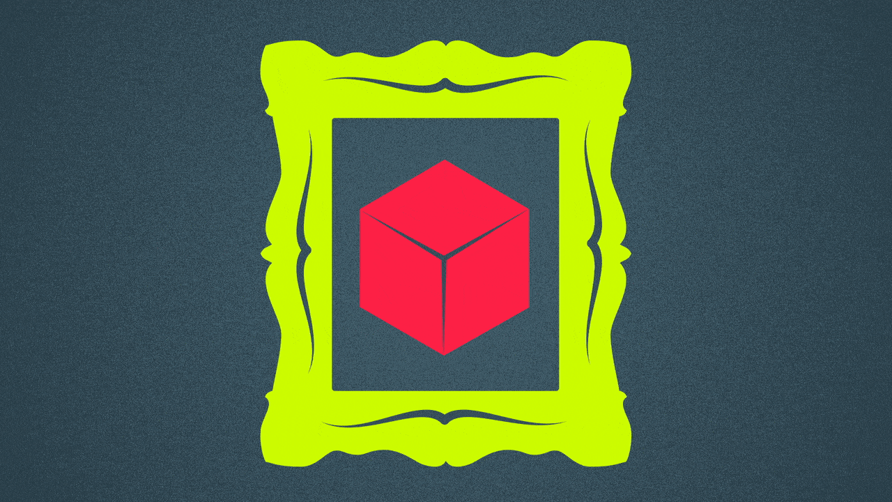 Illustration of a repeating succession of cubes that turn into an art frames. 