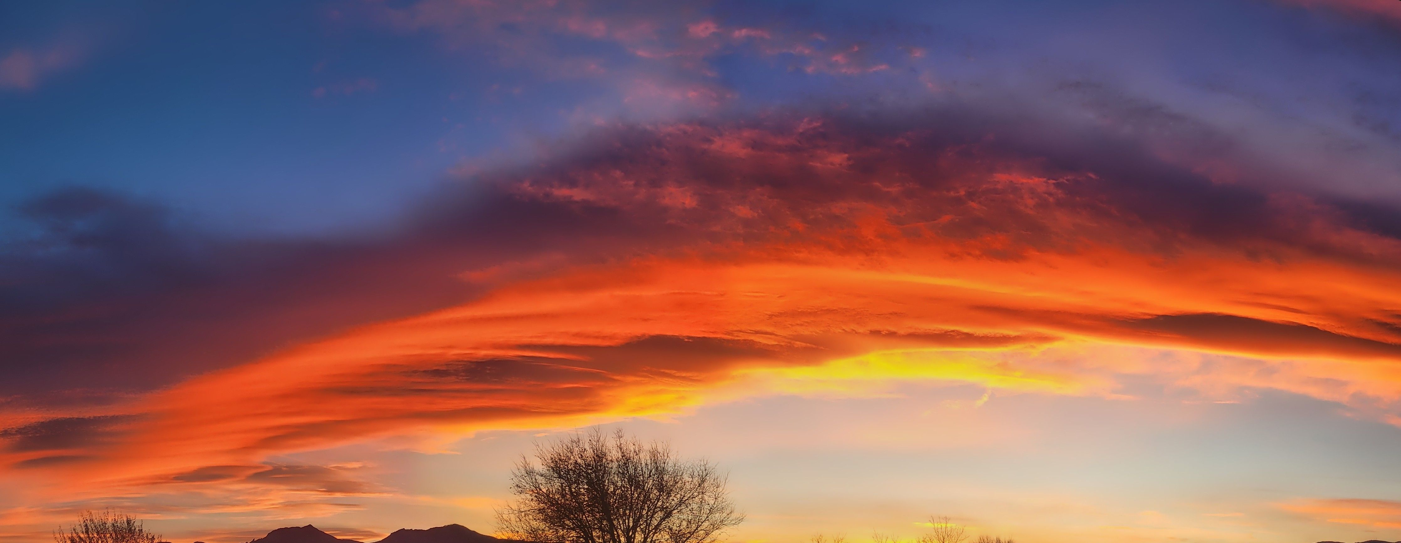 Vibrant sunset sky with fiery orange, yellow, and deep purple clouds arching over silhouetted bare trees and distant mountains.