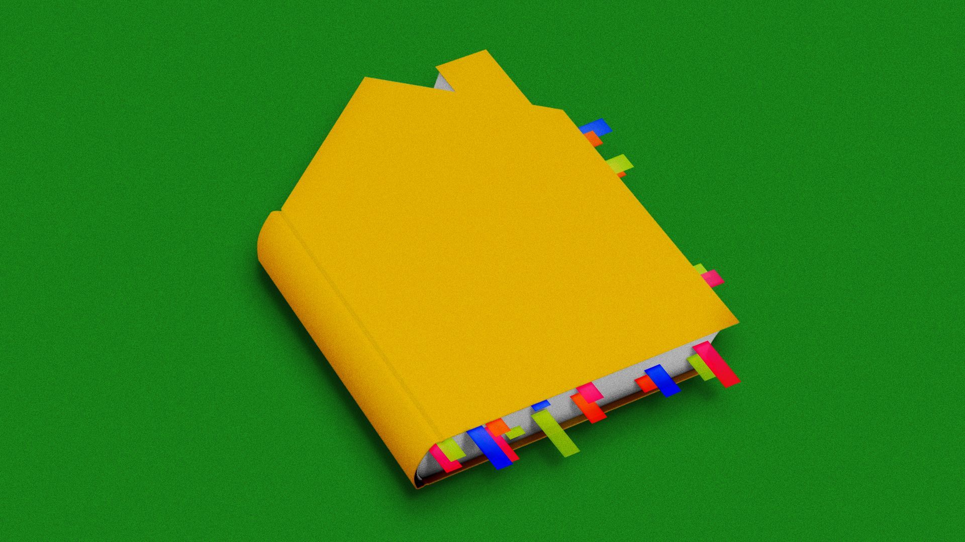 Illustration of a book, shaped like a house, with many page markers sticking out. 