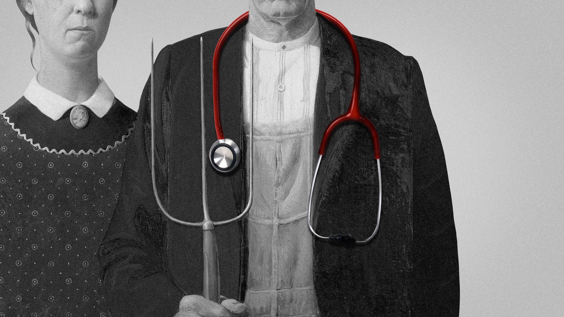 Illustration of a stethoscope on the male figure in the painting "American Gothic".