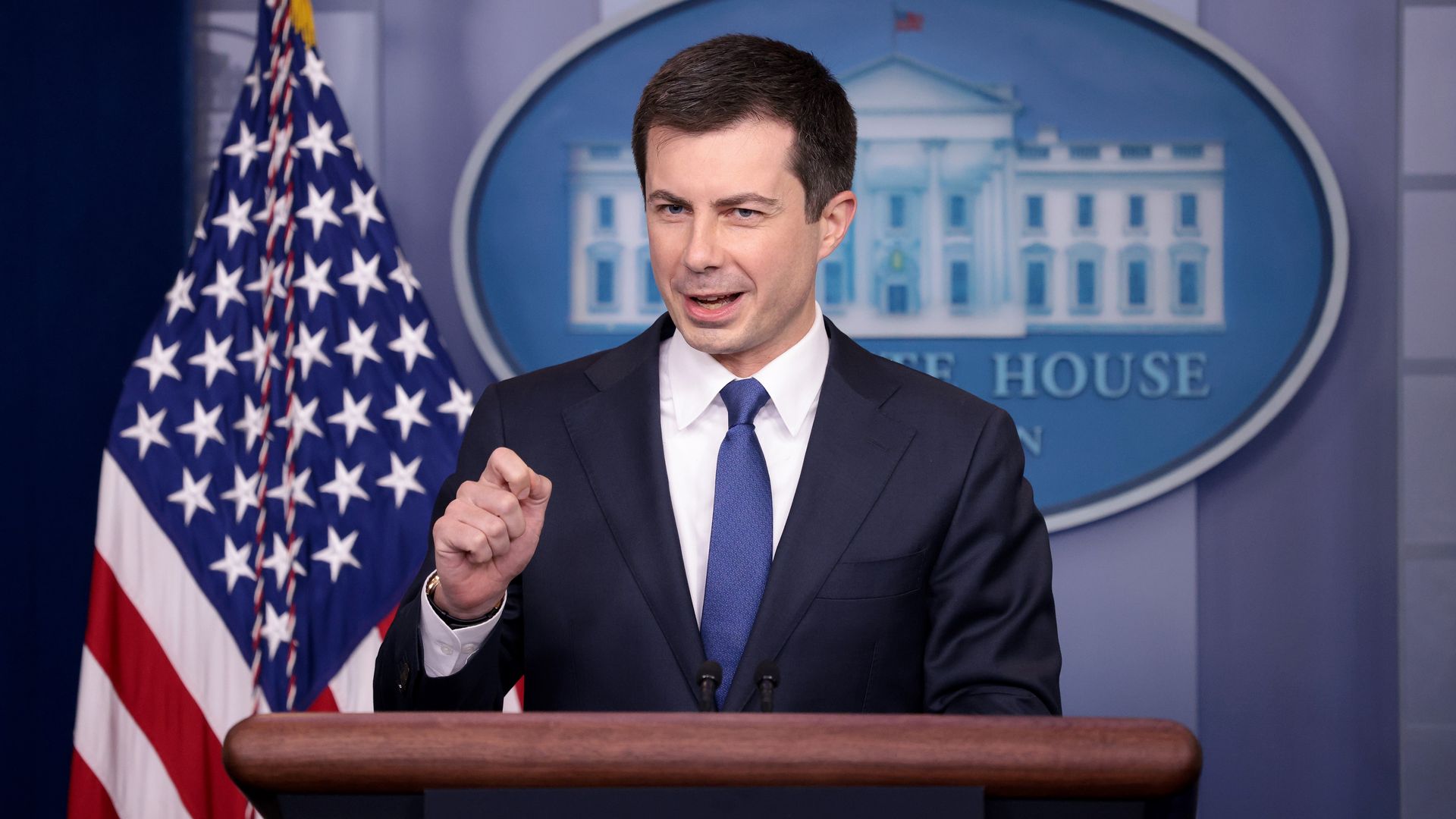 Secretary of Transportation Pete Buttigieg speaks during the daily briefing at the White House on November 08