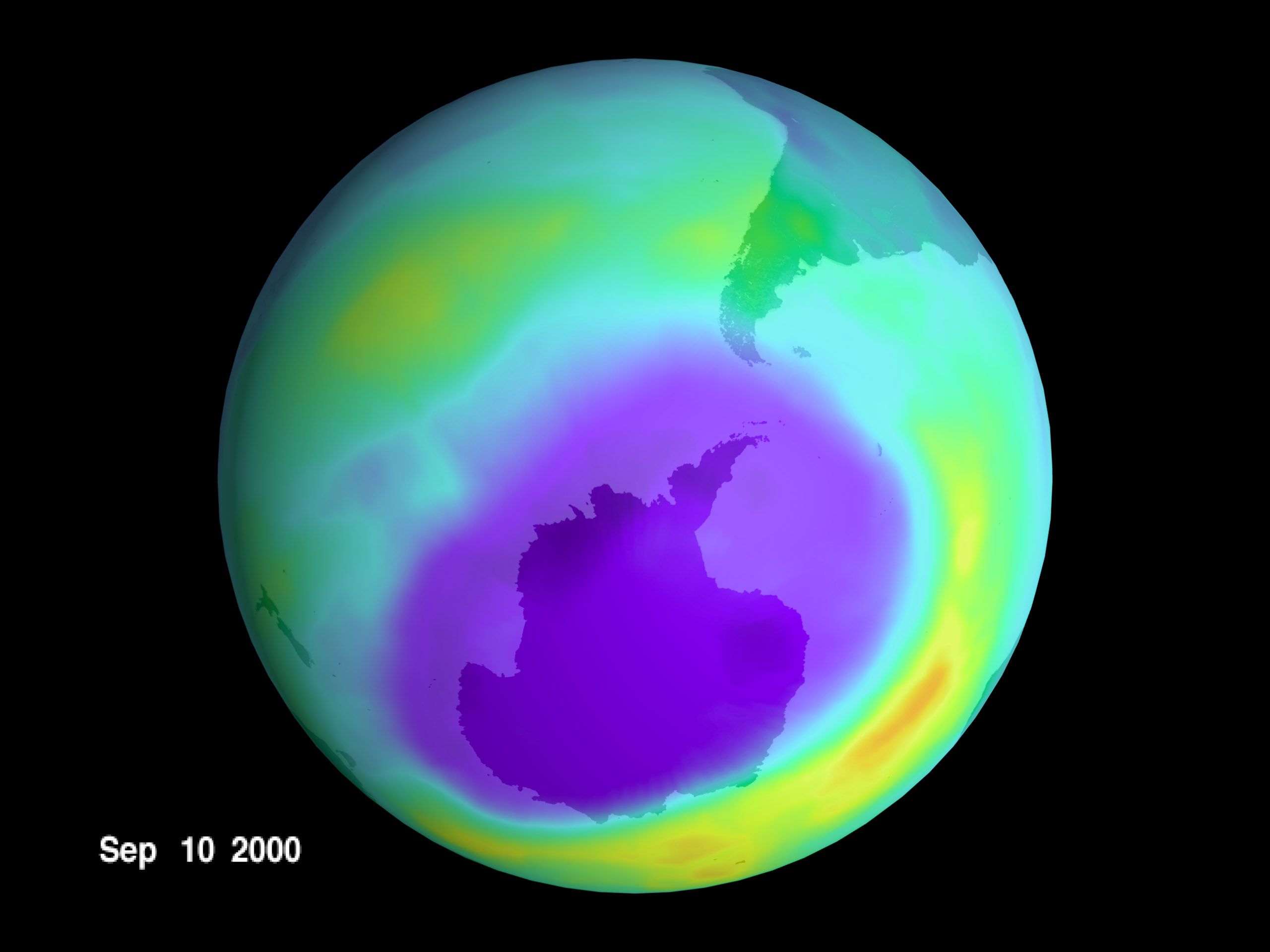 An image of the hole in the ozone layer over Antarctica in 2000. 