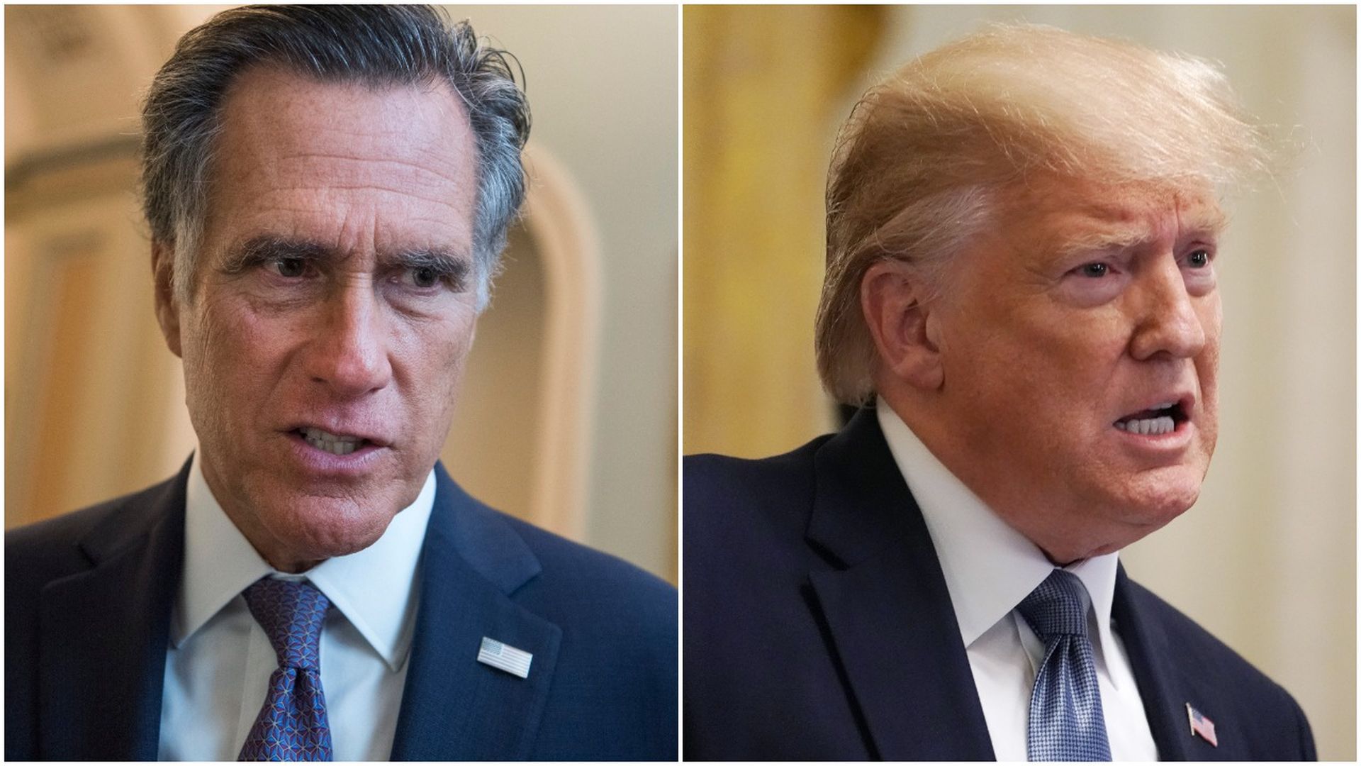 This image is a split screen between Romney and Trump
