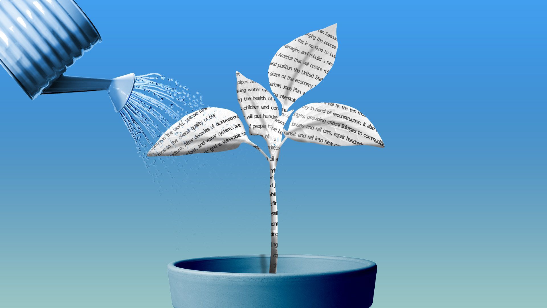 Illustration of a watering can watering a plant made out of a bill