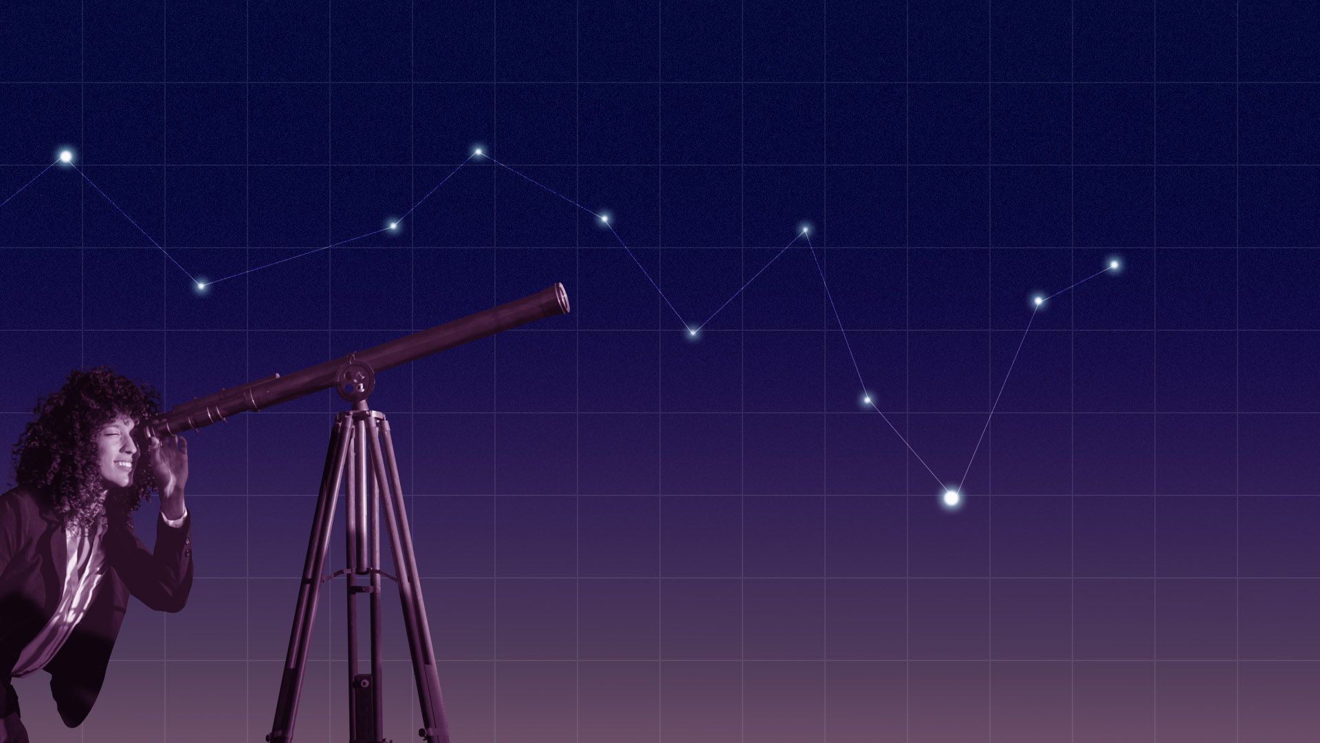 Illustration of a woman looking though a telescope at a night sky with a grid and a trend line made out of stars