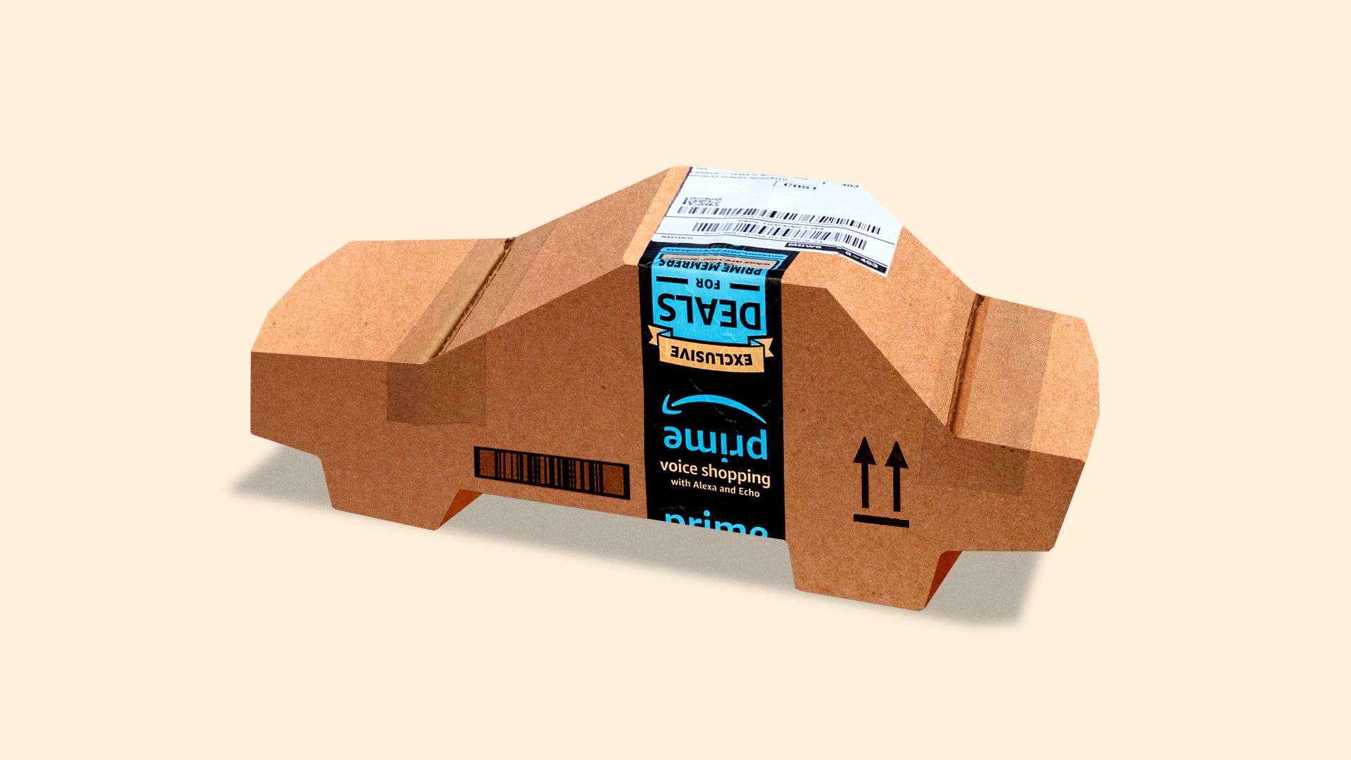 In this illustration, a cardboard Amazon delivery box is fashioned into the shape of a car.