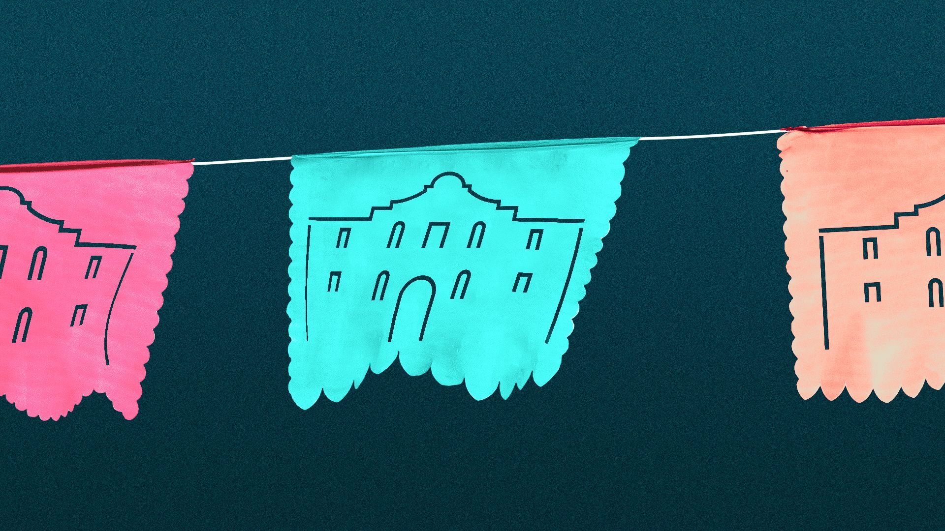 Illustration of papel picado with cutouts in the shape of the Alamo.