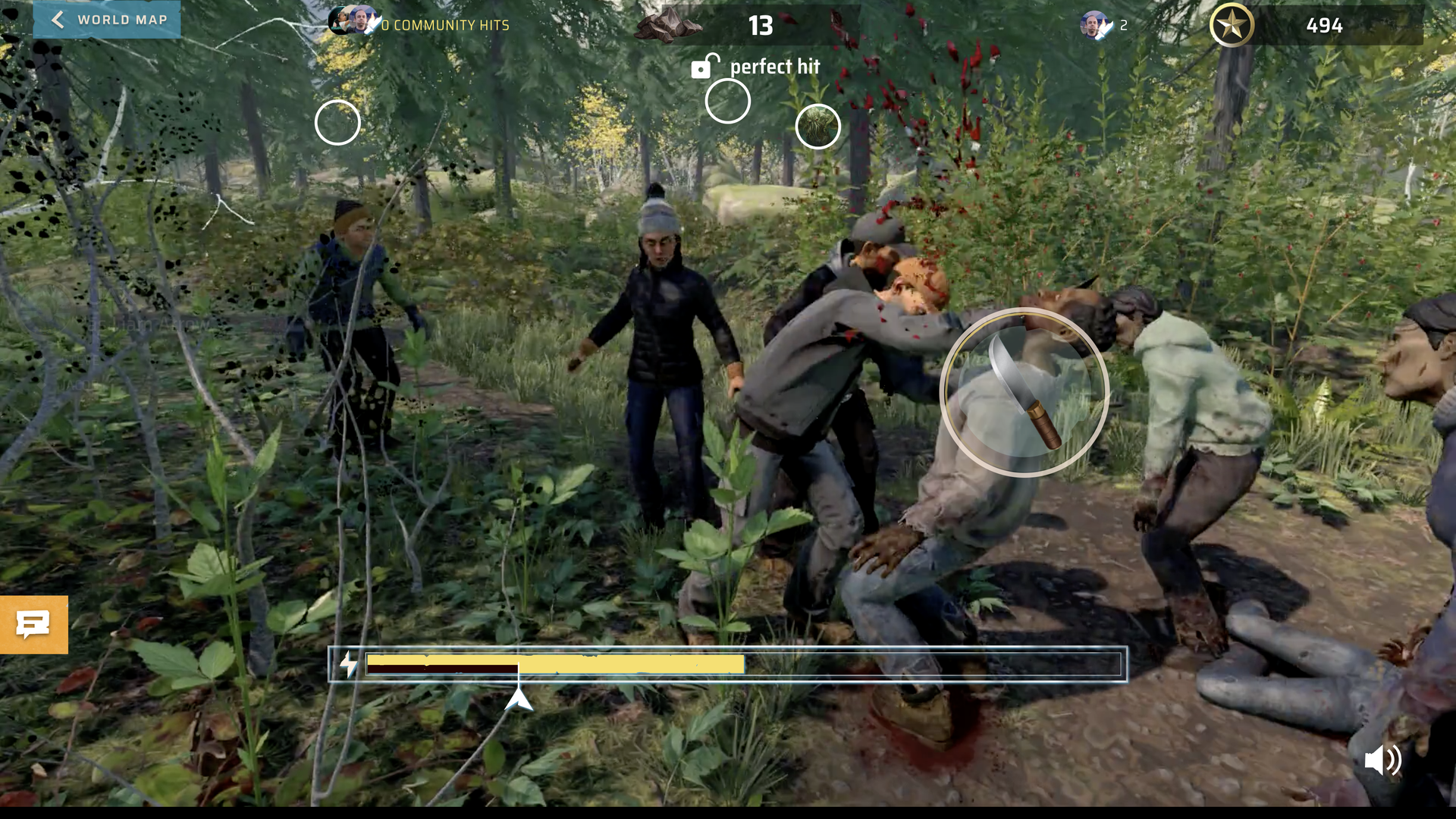 Video game screenshot showing human survivors fending off zombies with knives. Icons indicate multiple players are controlling the action