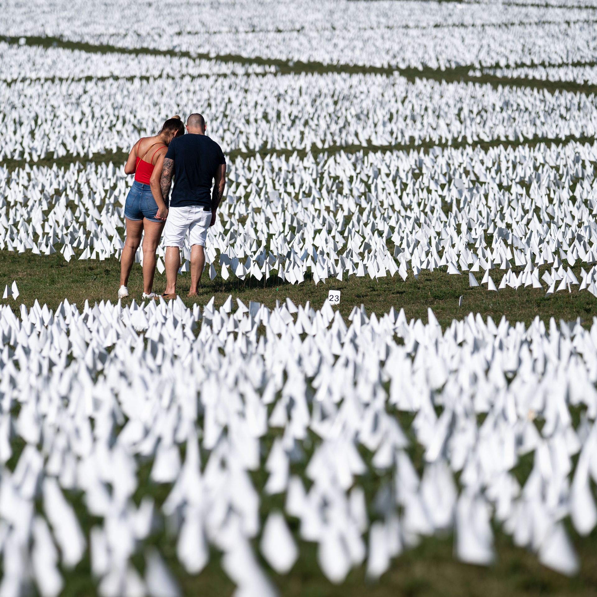 Picture of two people surrounded by hundreds of thousands of little white flags