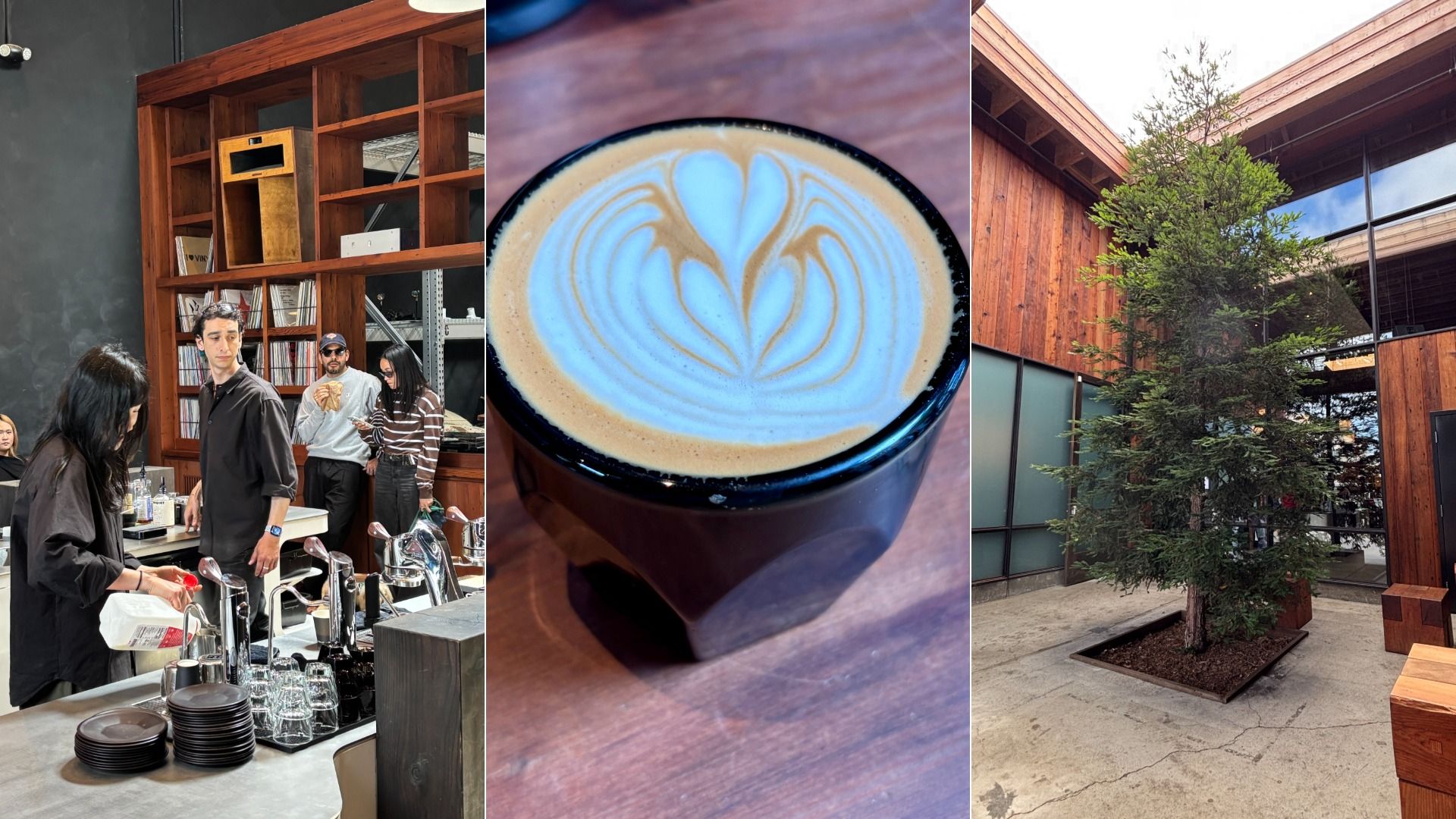 Triptych: left - coffee shop with staff, customers, and wooden shelves; center - a latte with blue and white heart latte art; right - modern wooden building with glass walls and a tree courtyard.